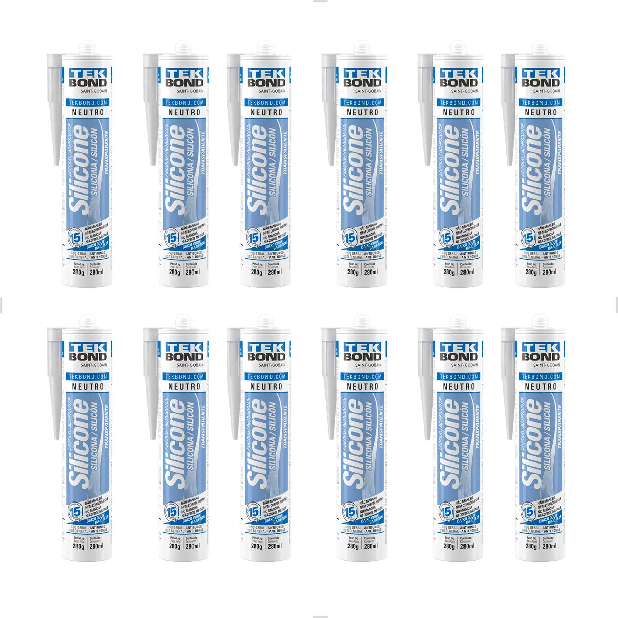 Kit 12 Silicones Neutros Transparentes 280G - Tekbond