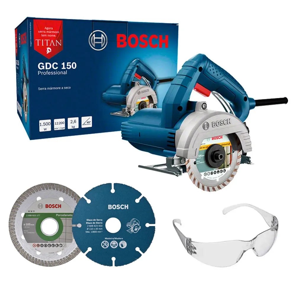 Kit Serra Mármore Titan GDC150 110V + Óculos 2 Discos Porcelanato e Madeira Bosch